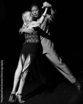 This image shows Jonathan y Olivia in an off-axis "tent" apilado tango embrace, also known as the milonguero embrace.