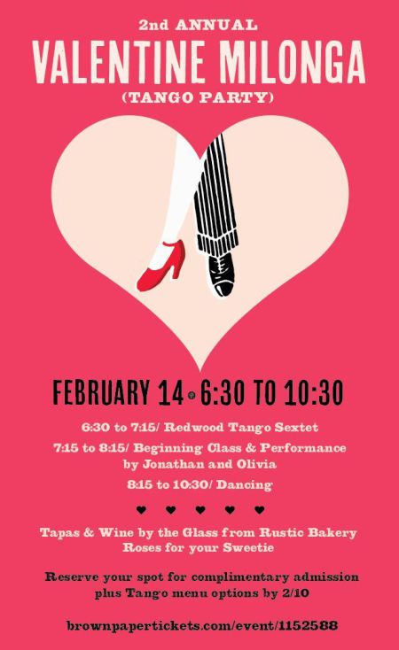 Image of a Heart and Valentine's Day Milonga announcement at Marin County Mart on February 14, 2015 with live music by Redwood Tango Sextet, tango class and performance by Jonathan y Olivia