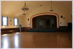 Picture of beautiful hardwood floor and interior room of the ballroom at the Finnish Hall in Berkeley, CA